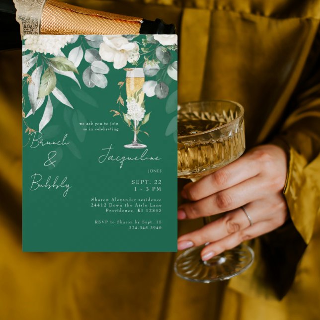 Invitation Vert émeraude Blanc Floral Brunch & Pétillant (Créateur téléchargé)