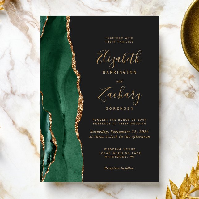 Invitation Vert émeraude chic or agate mariage foncé (The perfect choice for an emerald green themed wedding.)