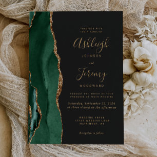 Invitation Vert émeraude chic or agate mariage sombre