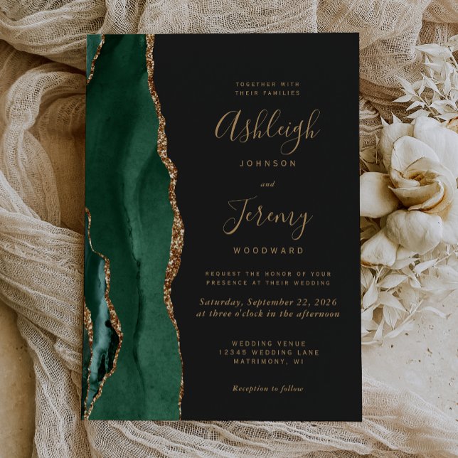 Invitation Vert émeraude chic or agate mariage sombre (Créateur téléchargé)