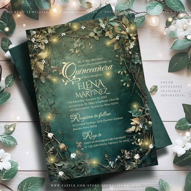 Invitation Vert émeraude de Quinceanera forestière enchantée (Créateur téléchargé)