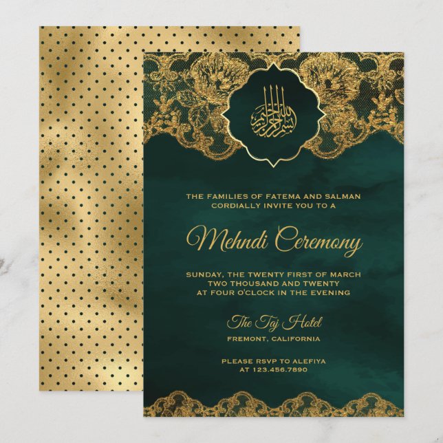 Invitation Vert émeraude doré papier métallisé dentelle islam (Devant / Derrière)