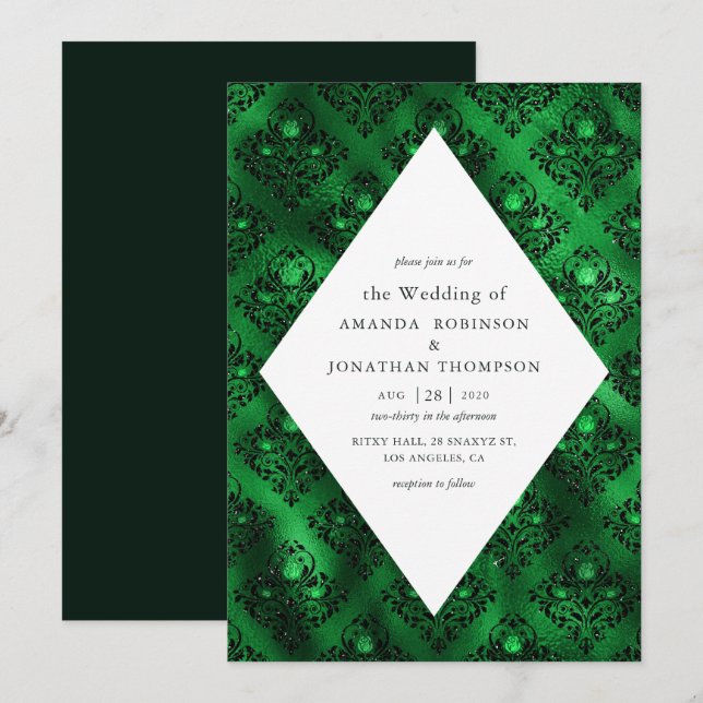 Invitation Vert émeraude et noir Glam Damask Rose Mariage (Devant / Derrière)