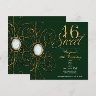 Invitation Vert émeraude et or Diamant Sweet 16 Anniversaire