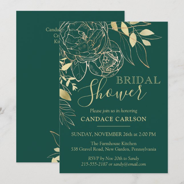 Invitation Vert émeraude et or Fête de mariage florale modern (Devant / Derrière)