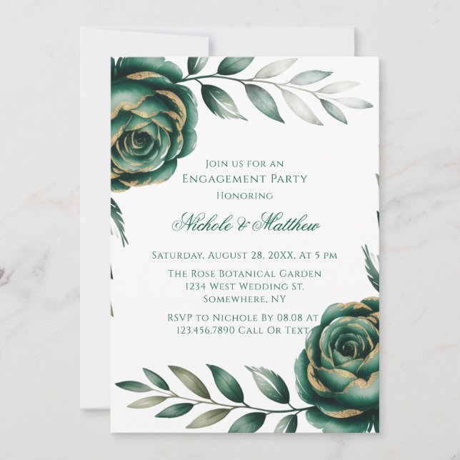 Invitation Vert émeraude et or Fiançailles Fête Florale (Devant)