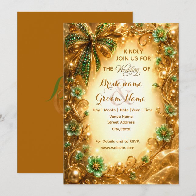 Invitation Vert émeraude et or Mariage de luxe  (Devant / Derrière)