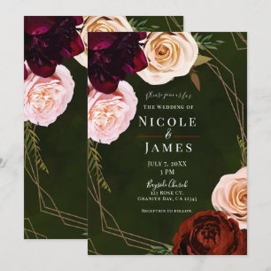 Invitation Vert émeraude et or Moderne mariage floral sombre