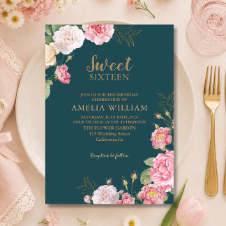 Invitation Vert Émeraude Fleurs Roses Anniversaire Sweet 16