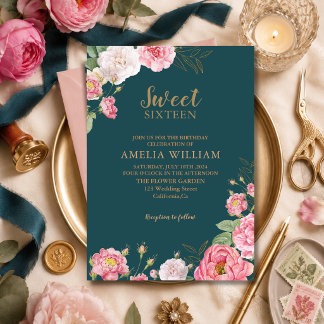 Invitation Vert Émeraude Fleurs Roses Sweet 16 Anniversaire