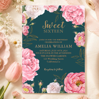 Invitation Vert émeraude Fleurs roses Sweet 16 Anniversaire