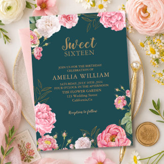Invitation Vert émeraude Fleurs roses Sweet 16 Anniversaire