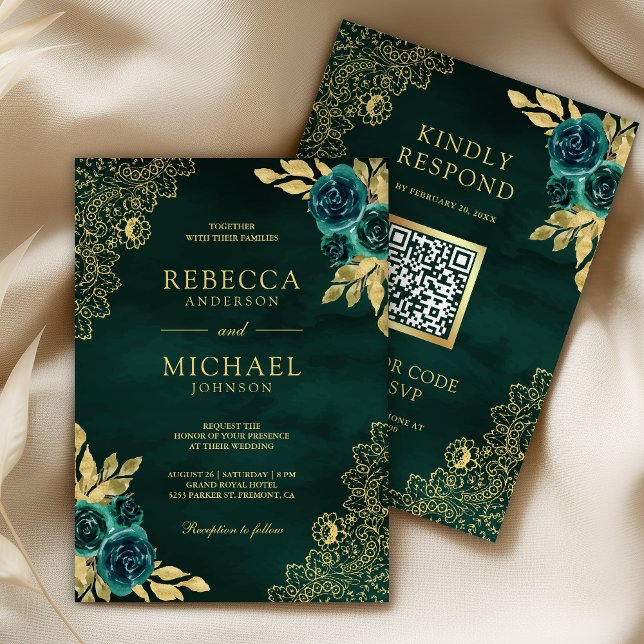 Invitation Vert Émeraude Floral Doré Dentelle Code QR Mariage (Créateur téléchargé)