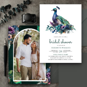 Invitation Vert émeraude floral paon photo douche de mariée