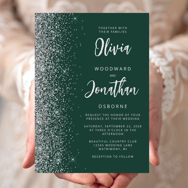 Invitation Vert émeraude Mariage Calligraphie Argent Paillett (Créateur téléchargé)