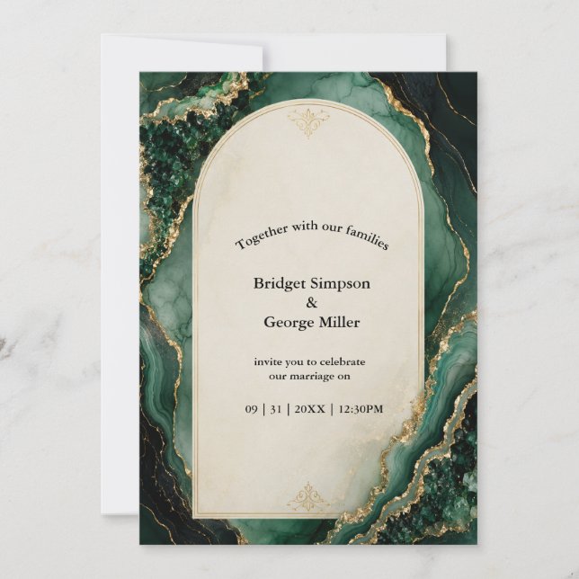 Invitation Vert émeraude Mariage en marbre Gold Luxe (Devant)