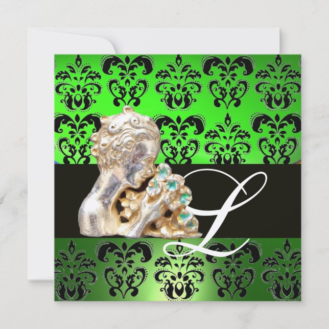 INVITATION VERT ÉMERAUDE, NOIR, DAMAS BLANC JOYAU MONOGRAMME (Devant)