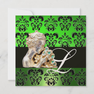 INVITATION VERT ÉMERAUDE, NOIR, DAMAS BLANC JOYAU MONOGRAMME