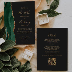 Invitation Vert émeraude Or Agate Ardoise Code QR Mariage