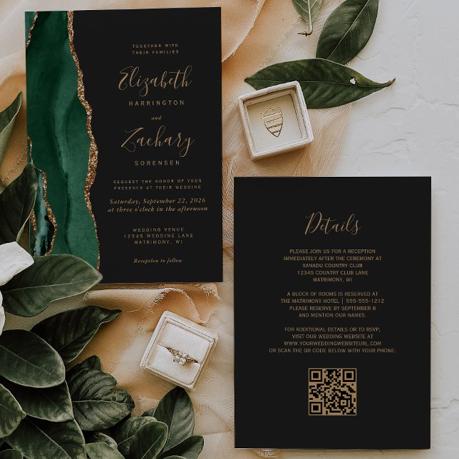 Invitation Vert émeraude Or Agate Ardoise Code QR Mariage (Créateur téléchargé)