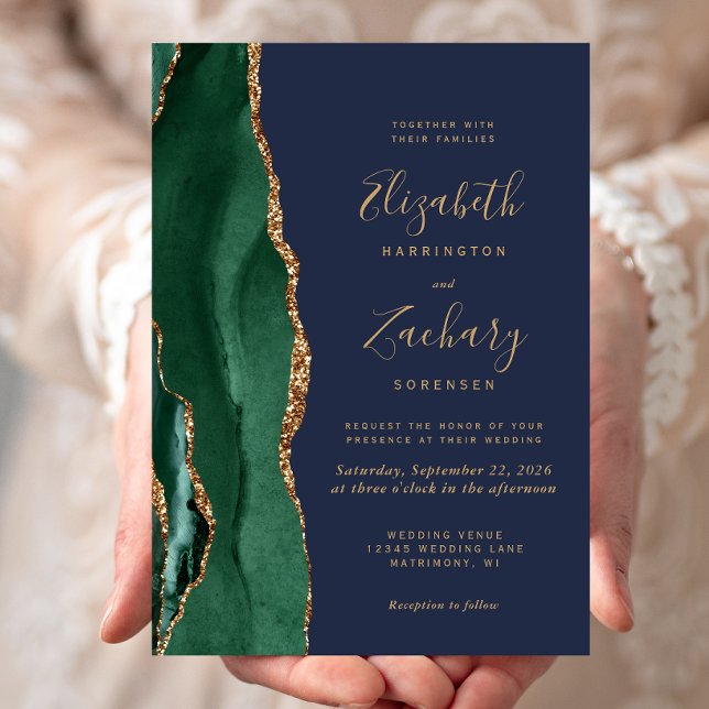 Invitation Vert émeraude or agate bleu marine mariage (Créateur téléchargé)