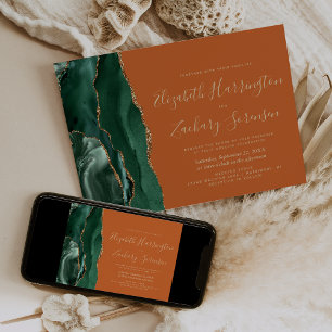 Invitation Vert émeraude Or Agate Orange brûlé Mariage
