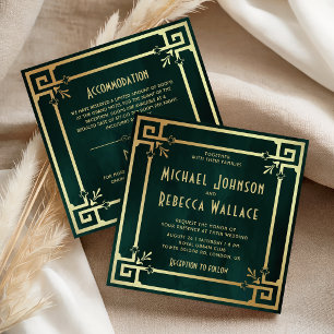 Invitation Vert émeraude or Art déco tout-en-un mariage