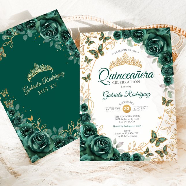 Invitation Vert Émeraude Or Fleur Quinceanera (Créateur téléchargé)