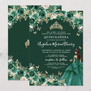 Invitation Vert émeraude Or Fleurs Quinceanera