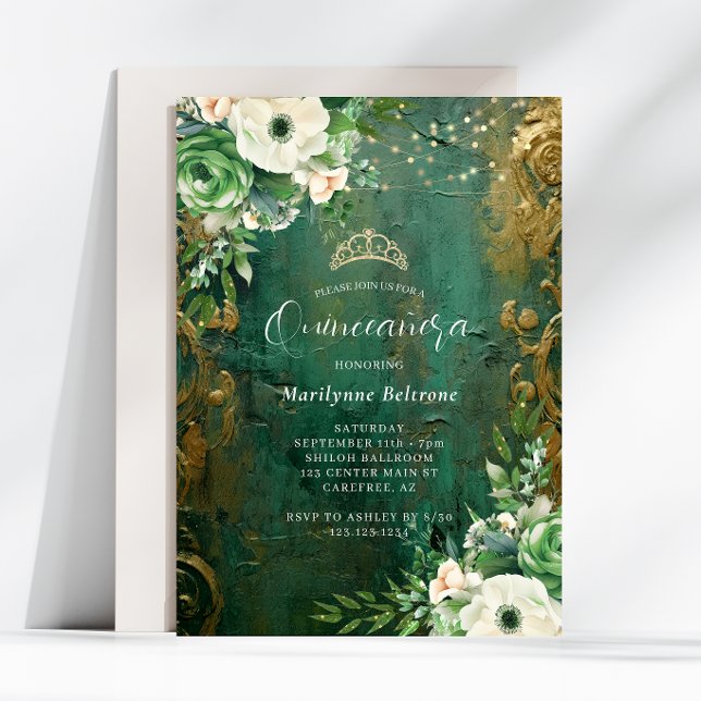 Invitation Vert émeraude or floral Quinceañera (Créateur téléchargé)