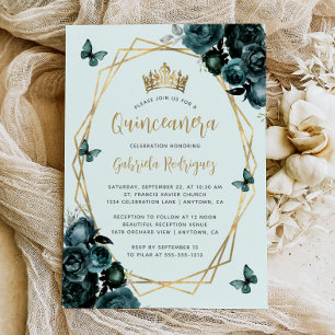 Invitation Vert Émeraude Or Géométrique Floral Quinceañera
