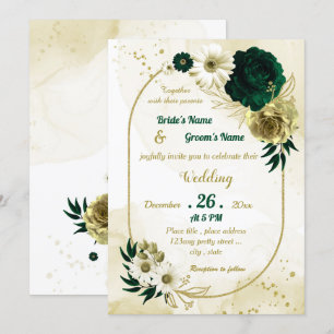 Invitation Vert émeraude or ivoire floral géométrique mariage