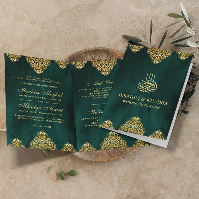 Invitation Vert émeraude or motif islamique mariage musulman (Créateur téléchargé)