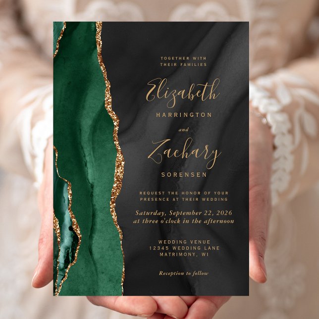 Invitation Vert émeraude or noir aquarelle agate mariage (Créateur téléchargé)