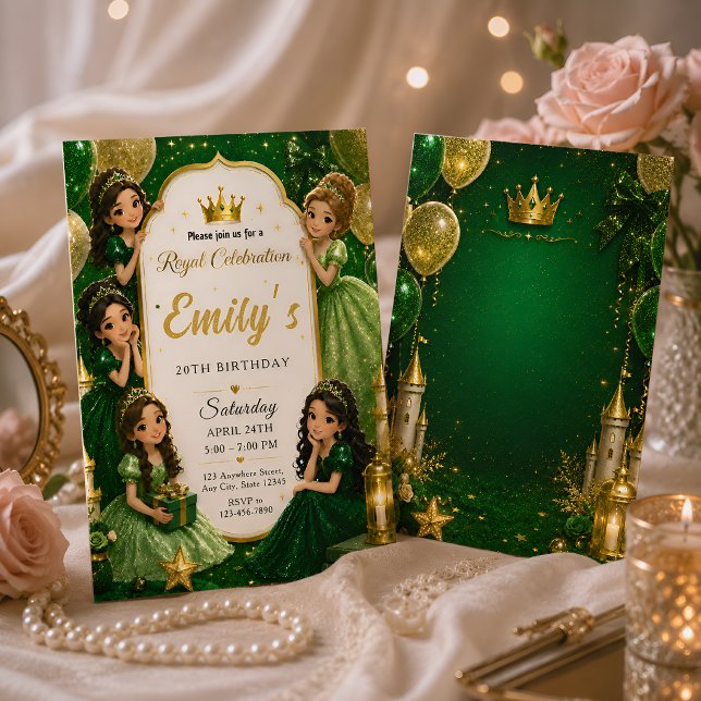 Invitation Vert émeraude Or Princesse 20e Anniversaire (Créateur téléchargé)