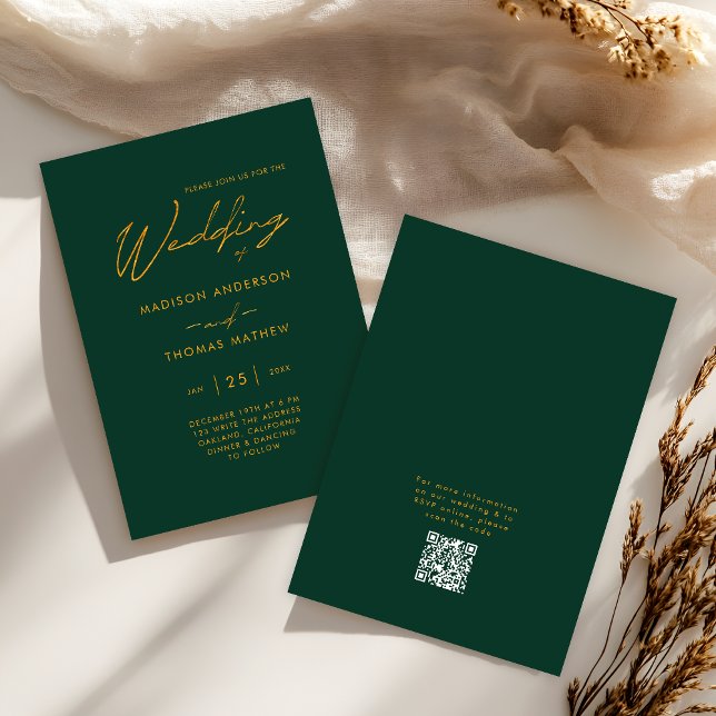 Invitation Vert émeraude Or Typographie Moderne Réponse Maria (Front / Back)