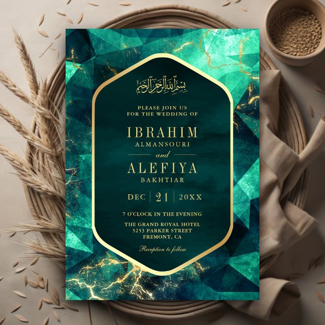 Invitation Vert émeraude ornement de mariage musulman en pier (Créateur téléchargé)