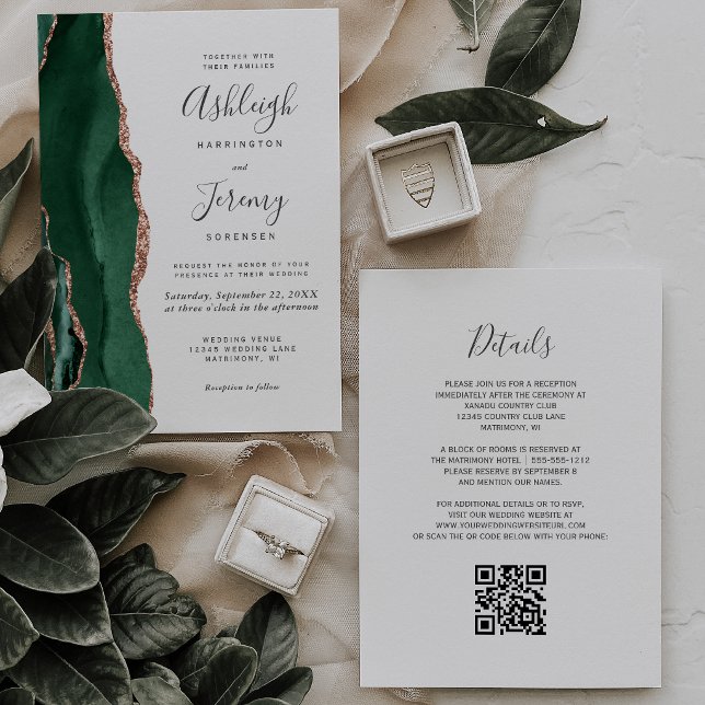 Invitation Vert émeraude Rose Or Agate Blanc QR Mariage (Créateur téléchargé)