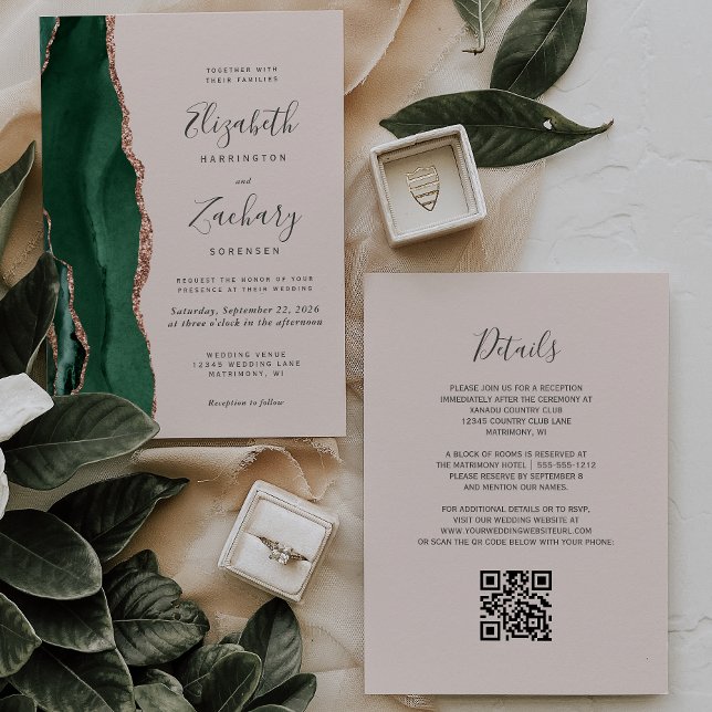 Invitation Vert émeraude Rose Or Agate Fard QR Mariage (Créateur téléchargé)