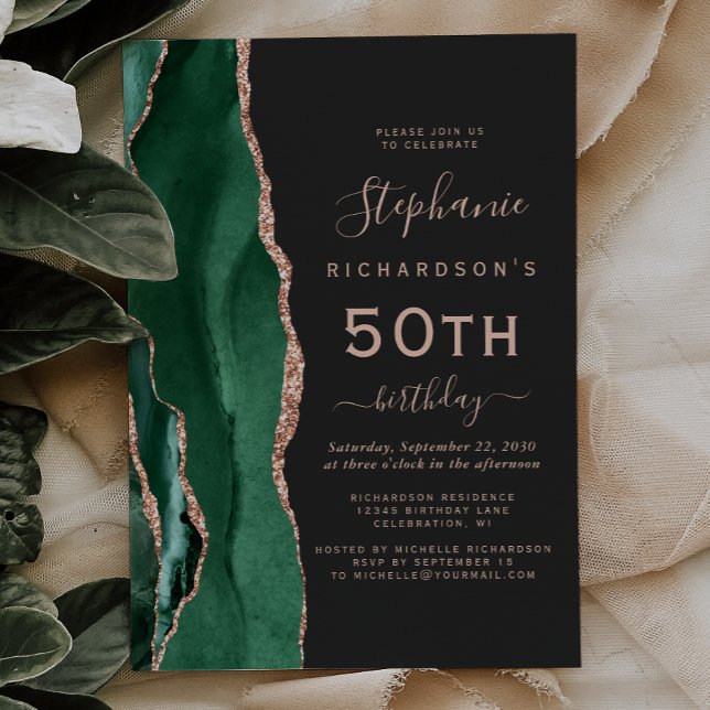 Invitation Vert émeraude Rose Or Agate Foncé 50e Anniversaire (Créateur téléchargé)