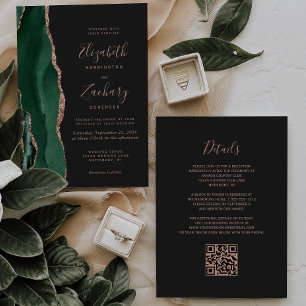 Invitation Vert émeraude Rose Or Agate Foncé Code QR Mariage