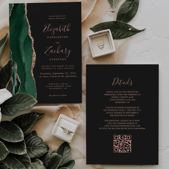 Invitation Vert émeraude Rose Or Agate Foncé Code QR Mariage (Créateur téléchargé)