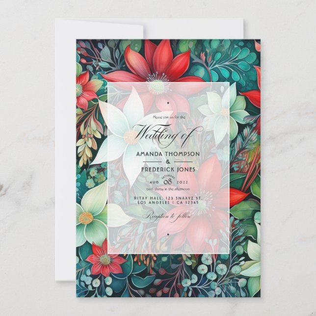 Invitation Vert émeraude, rouge grenat et mariage blanc neige (Devant)