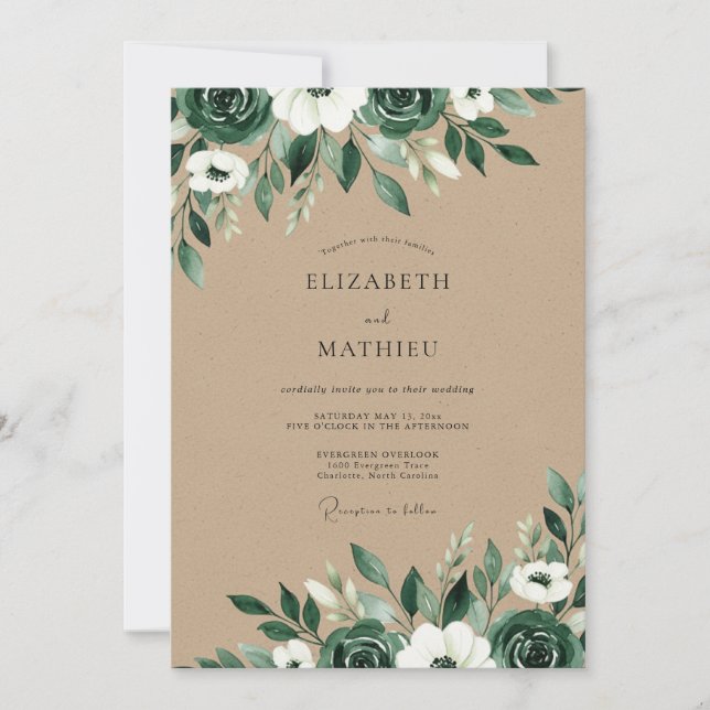 Invitation Vert émeraude rustique kraft floral mariage (Devant)