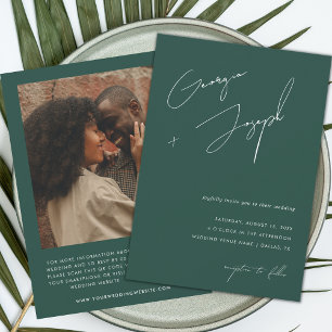Invitation Vert émeraude Script Photo QR Code Mariage