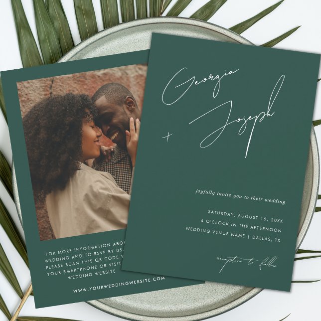 Invitation Vert émeraude | Script Photo QR Code Mariage (Créateur téléchargé)