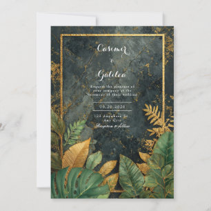 Invitation Vert émeraude Tropical Marbre Noir Moderne Mariage