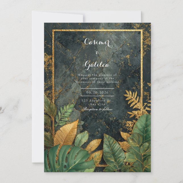 Invitation Vert émeraude Tropical Marbre Noir Moderne Mariage (Devant)