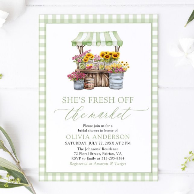 Invitation Vert En vichy Fraîchement Hors Fête des mariées Du (Green Gingham Fresh Off The Market Bridal Shower Invitation)