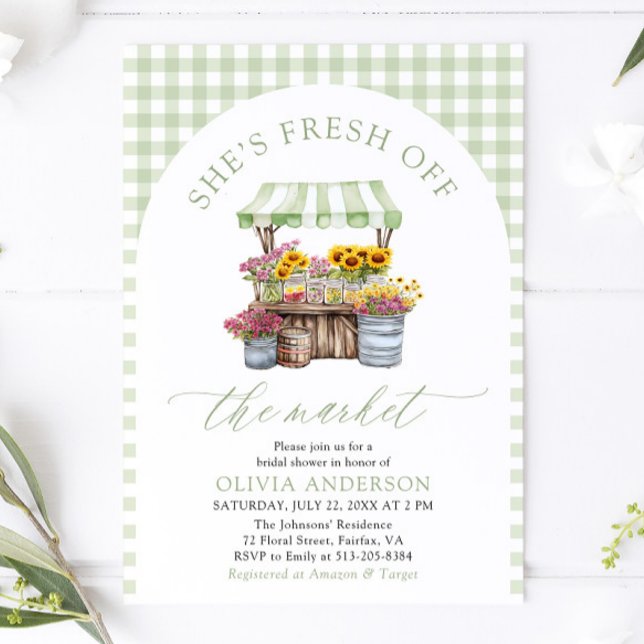 Invitation Vert En vichy Fraîchement Hors Fête des mariées Du (Green Gingham Fresh Off The Market Bridal Shower Invitation)